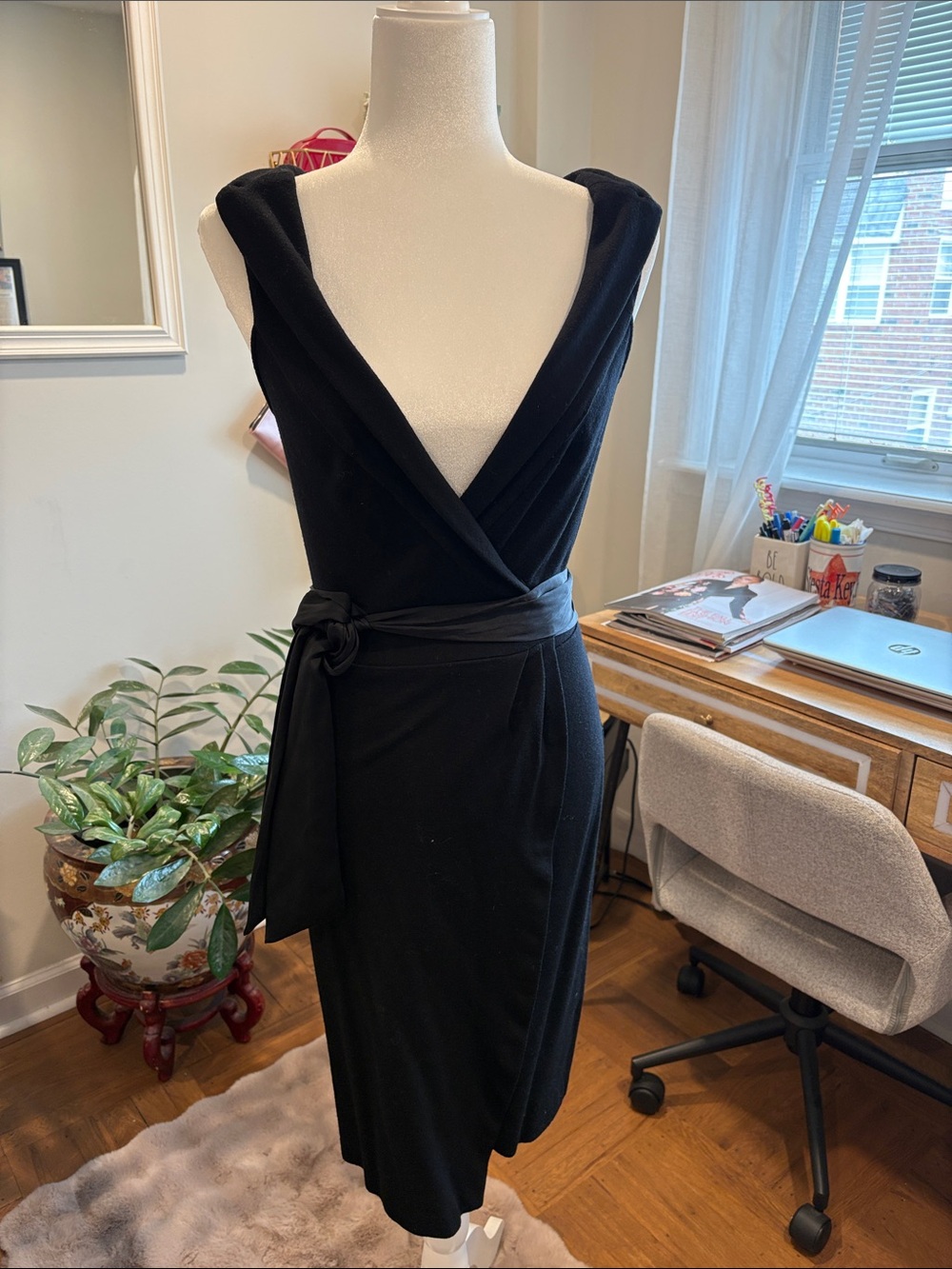 Diane Von Furstenberg Black Sleeveless Wrap Midi Dress with Waist Sash